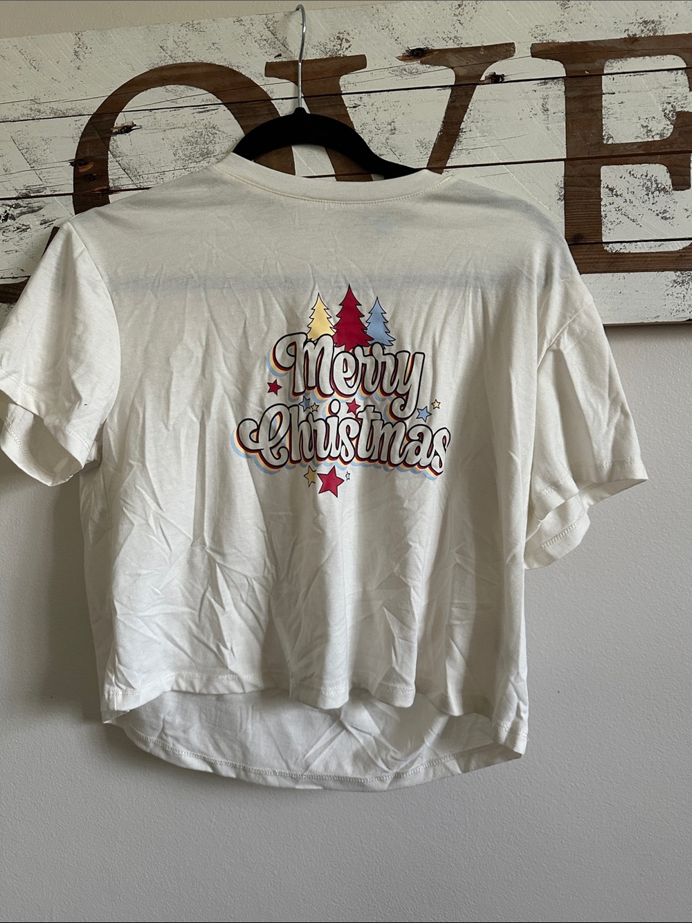 Freshman White Merry Christmas Tee with Multicolor Tree Accents